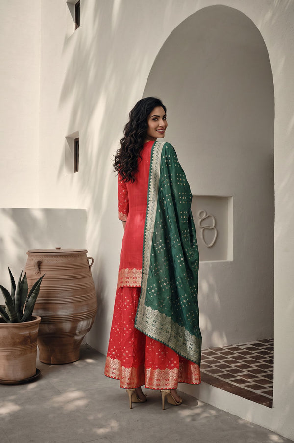 Red Geometric Printed Jacquard Straight Kurta with Palazzo and Dupatta Set