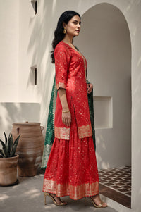 Red Geometric Printed Jacquard Straight Kurta with Palazzo and Dupatta Set