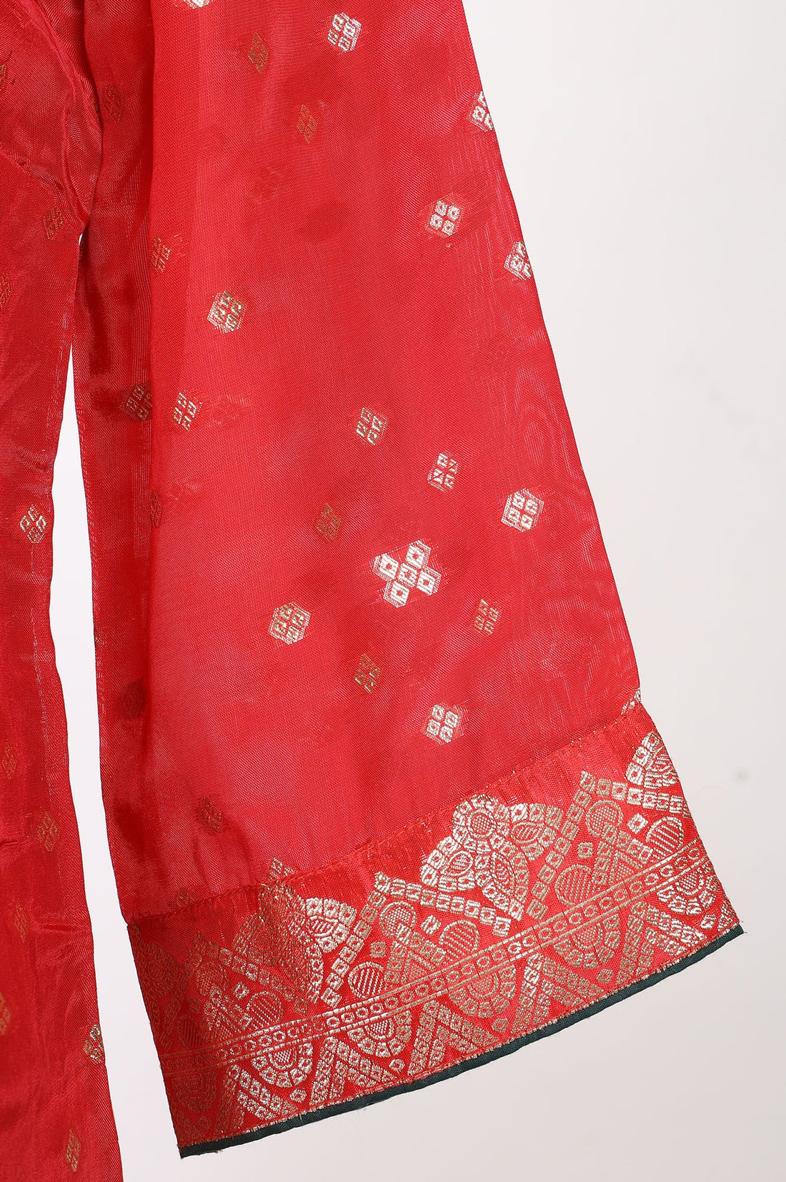 Red Geometric Printed Jacquard Straight Kurta with Palazzo and Dupatta Set
