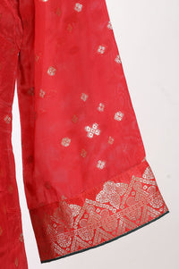 Red Geometric Printed Jacquard Straight Kurta with Palazzo and Dupatta Set