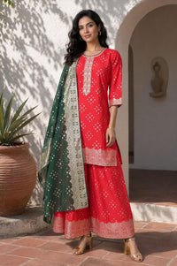 Red Sequins Foil Printed Straight Kurta with Palazzo and Dupatta Set