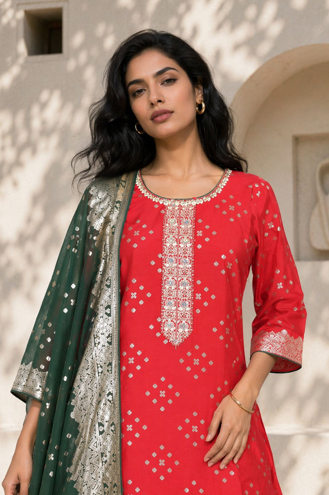 Red Sequins Foil Printed Straight Kurta with Palazzo and Dupatta Set