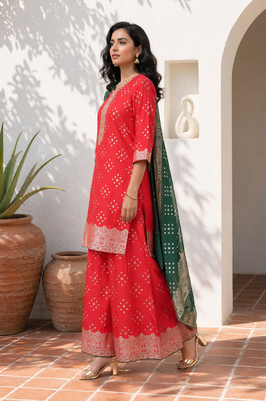 Red Sequins Foil Printed Straight Kurta with Palazzo and Dupatta Set