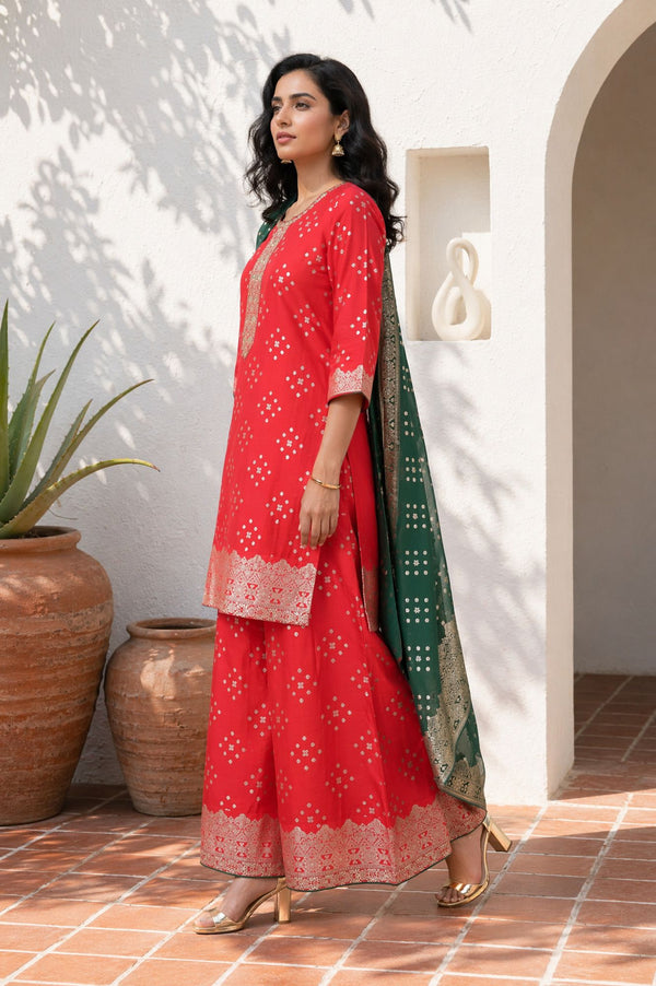 Red Sequins Foil Printed Straight Kurta with Palazzo and Dupatta Set