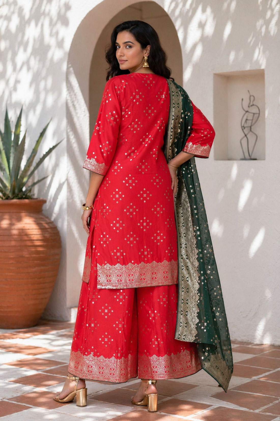 Red Sequins Foil Printed Straight Kurta with Palazzo and Dupatta Set