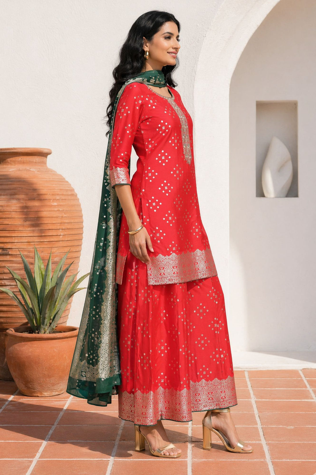 Red Sequins Foil Printed Straight Kurta with Palazzo and Dupatta Set