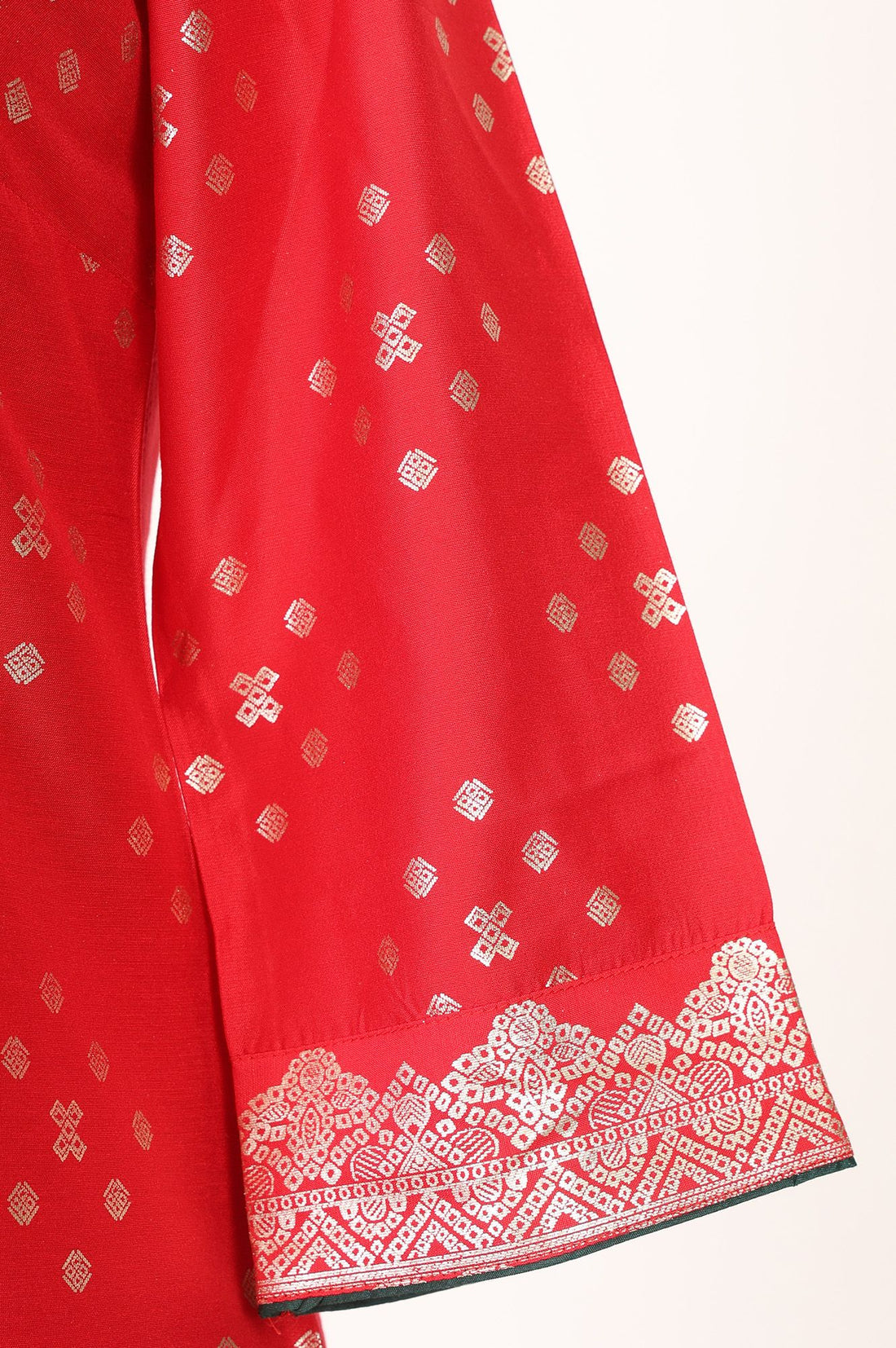 Red Sequins Foil Printed Straight Kurta with Palazzo and Dupatta Set
