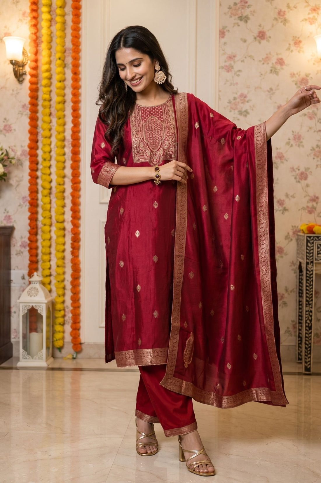 Maroon Yarn Dyed Zari Embroidered Jacquard Straight Kurta with Palazzo and Dupatta Set