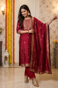 Maroon Yarn Dyed Zari Embroidered Jacquard Straight Kurta with Palazzo and Dupatta Set