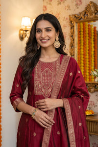 Maroon Yarn Dyed Zari Embroidered Jacquard Straight Kurta with Palazzo and Dupatta Set