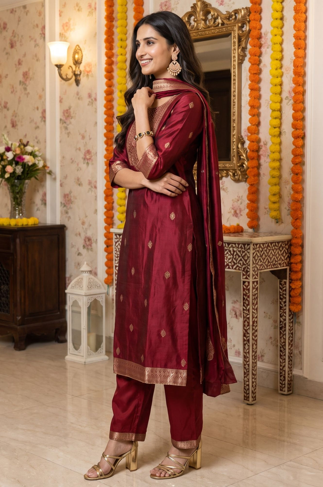 Maroon Yarn Dyed Zari Embroidered Jacquard Straight Kurta with Palazzo and Dupatta Set