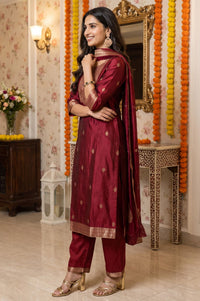 Maroon Yarn Dyed Zari Embroidered Jacquard Straight Kurta with Palazzo and Dupatta Set