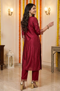 Maroon Yarn Dyed Zari Embroidered Jacquard Straight Kurta with Palazzo and Dupatta Set
