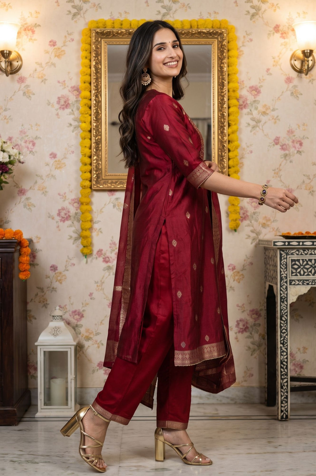 Maroon Yarn Dyed Zari Embroidered Jacquard Straight Kurta with Palazzo and Dupatta Set