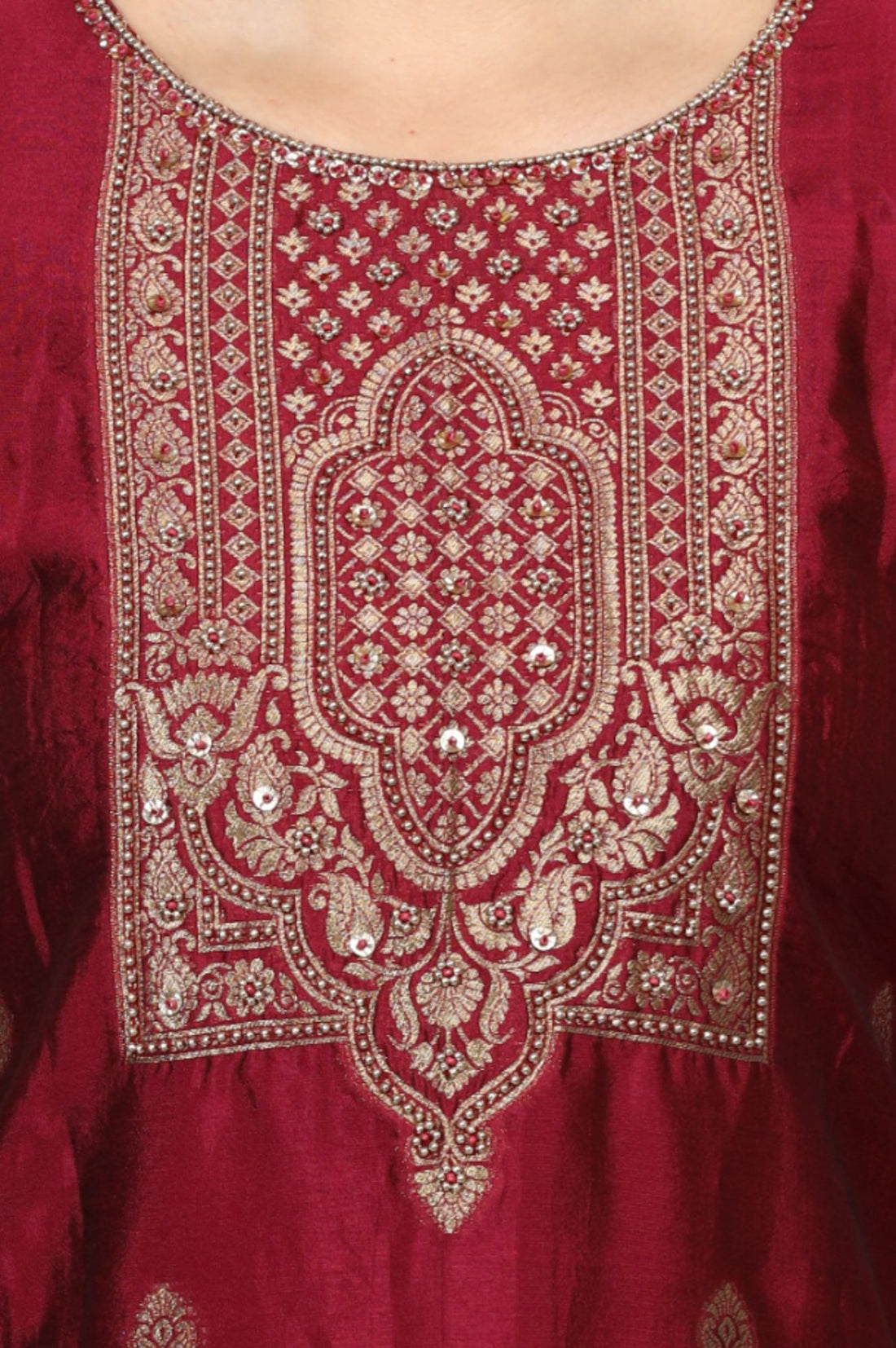 Maroon Yarn Dyed Zari Embroidered Jacquard Straight Kurta with Palazzo and Dupatta Set