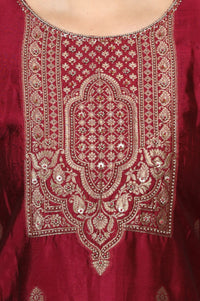 Maroon Yarn Dyed Zari Embroidered Jacquard Straight Kurta with Palazzo and Dupatta Set