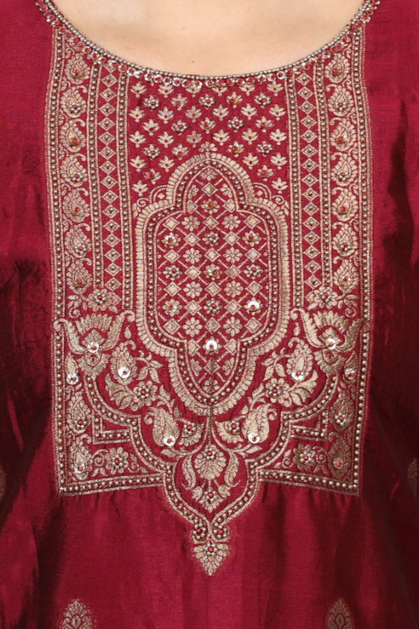 Maroon Yarn Dyed Zari Embroidered Jacquard Straight Kurta with Palazzo and Dupatta Set