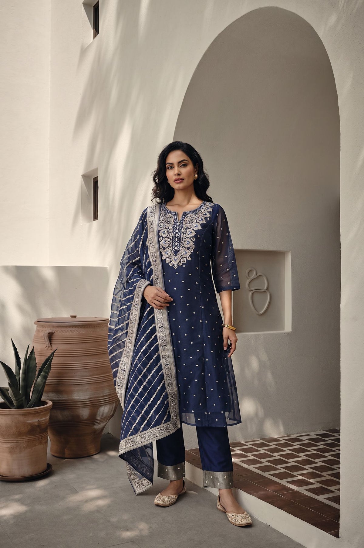 Navy Blue Yarn Dyed Zari Embroidered Straight Kurta with Trousers and Dupatta Set - S