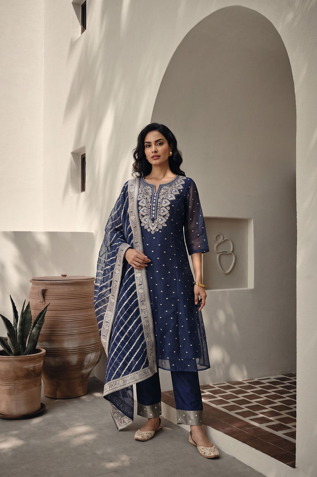 Navy Blue Yarn Dyed Zari Embroidered Straight Kurta with Trousers and Dupatta Set
