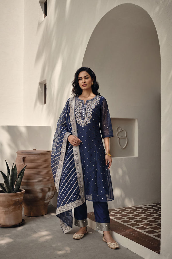 Navy Blue Yarn Dyed Zari Embroidered Straight Kurta with Trousers and Dupatta Set