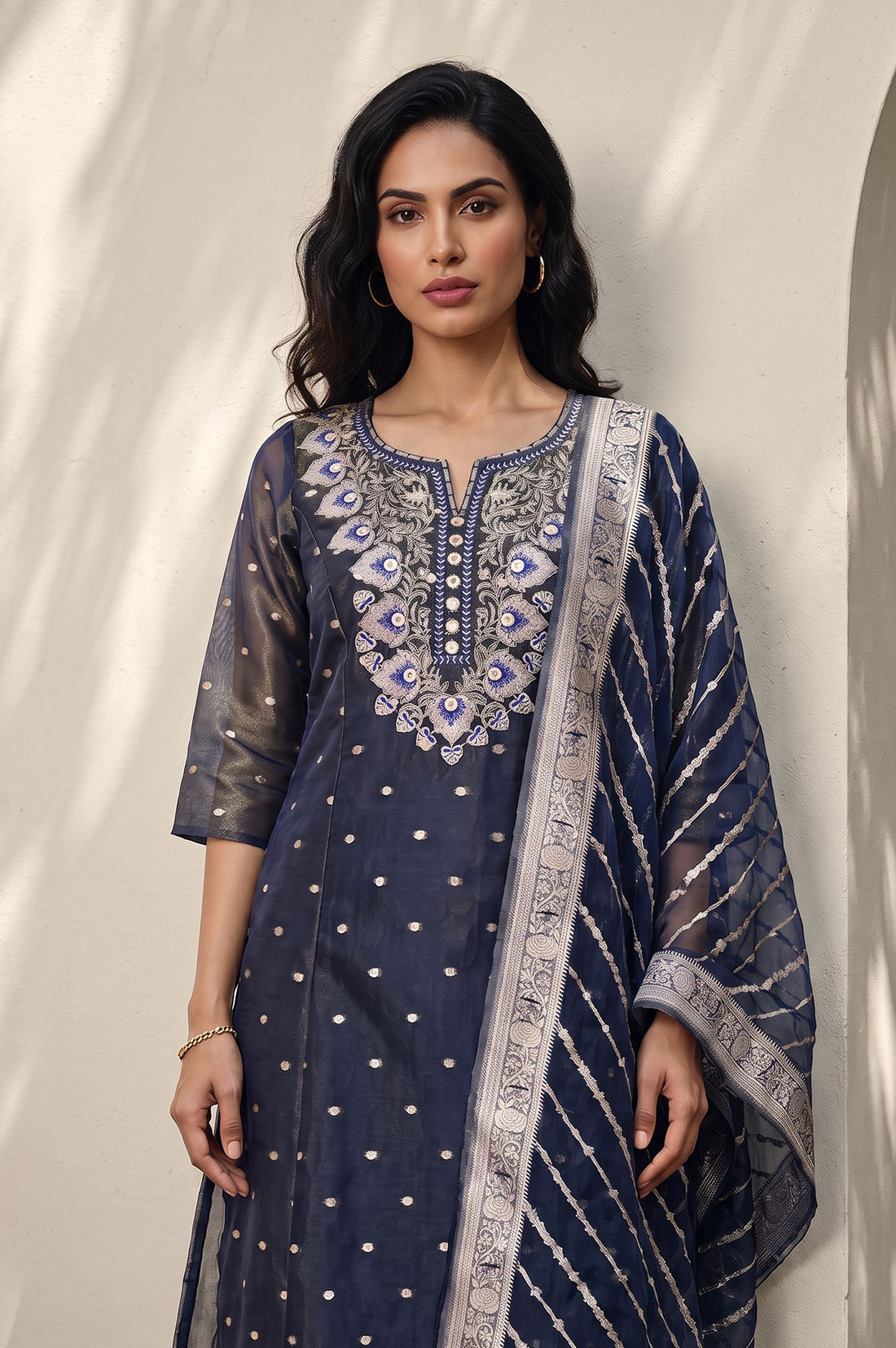 Navy Blue Yarn Dyed Zari Embroidered Straight Kurta with Trousers and Dupatta Set