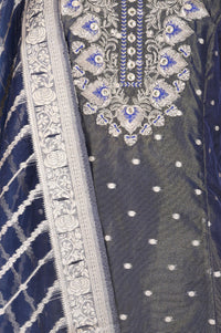 Navy Blue Yarn Dyed Zari Embroidered Straight Kurta with Trousers and Dupatta Set