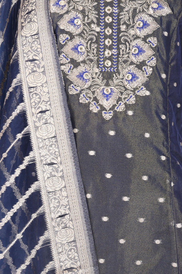 Navy Blue Yarn Dyed Zari Embroidered Straight Kurta with Trousers and Dupatta Set