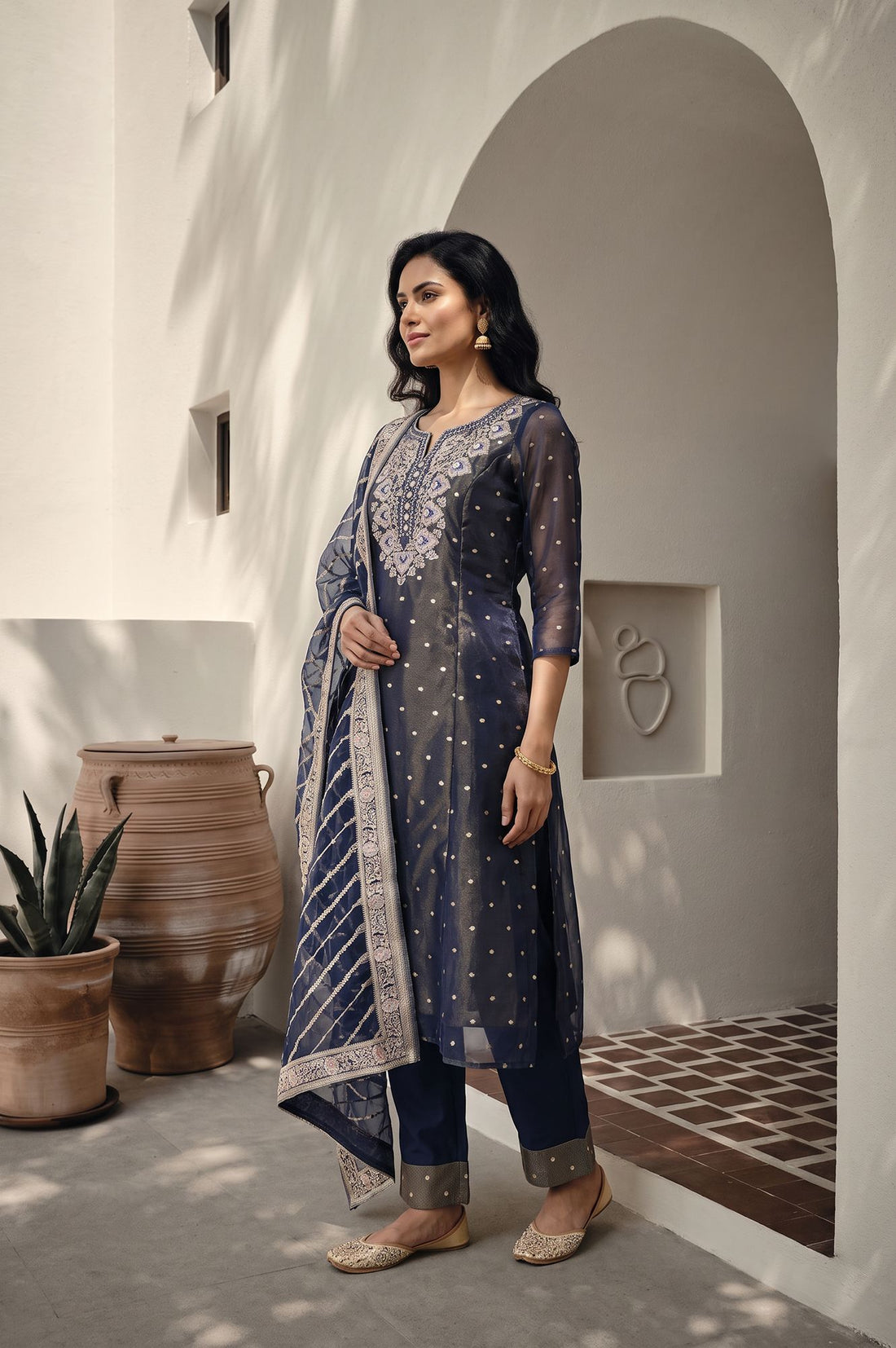 Navy Blue Yarn Dyed Zari Embroidered Straight Kurta with Trousers and Dupatta Set