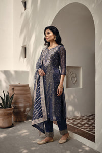 Navy Blue Yarn Dyed Zari Embroidered Straight Kurta with Trousers and Dupatta Set