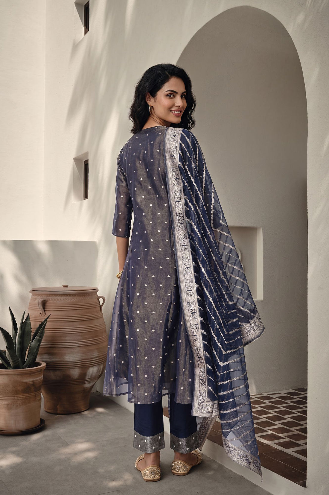 Navy Blue Yarn Dyed Zari Embroidered Straight Kurta with Trousers and Dupatta Set