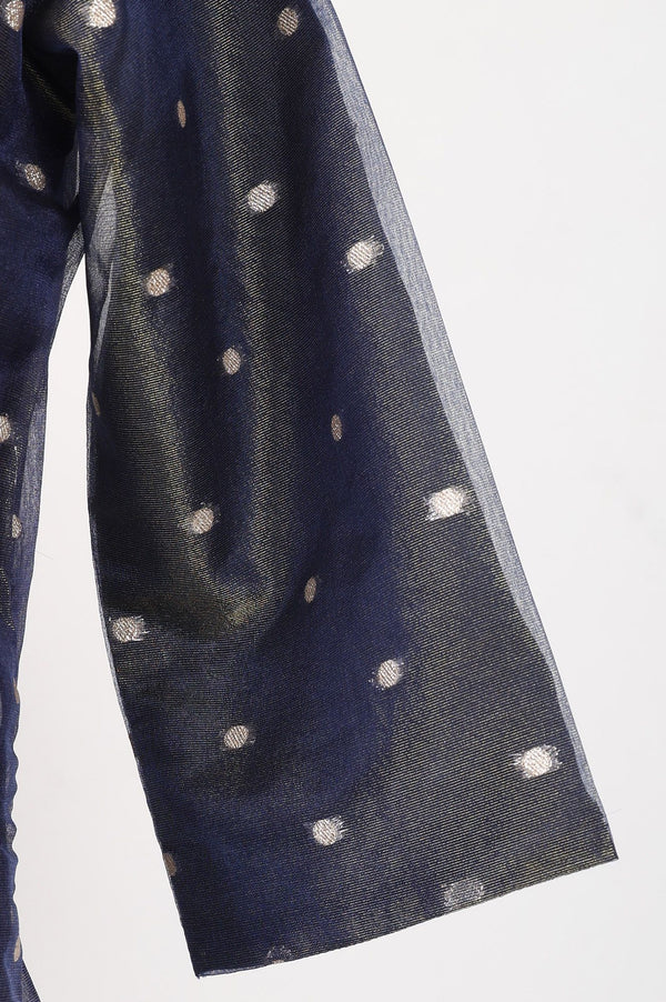Navy Blue Yarn Dyed Zari Embroidered Straight Kurta with Trousers and Dupatta Set