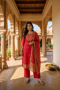 Red Yarn Dyed Jacquard Zari Embroidered Straight Kurta with Palazzo and Dupatta Set
