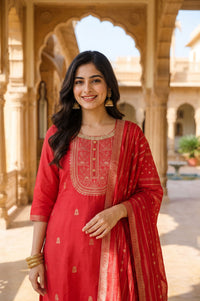 Red Yarn Dyed Jacquard Zari Embroidered Straight Kurta with Palazzo and Dupatta Set