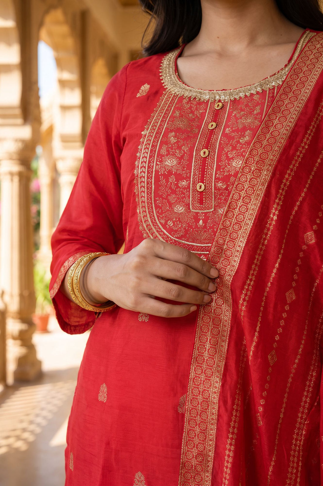 Red Yarn Dyed Jacquard Zari Embroidered Straight Kurta with Palazzo and Dupatta Set