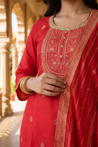 Red Yarn Dyed Jacquard Zari Embroidered Straight Kurta with Palazzo and Dupatta Set