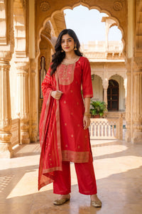 Red Yarn Dyed Jacquard Zari Embroidered Straight Kurta with Palazzo and Dupatta Set