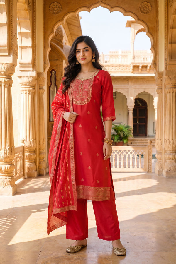 Red Yarn Dyed Jacquard Zari Embroidered Straight Kurta with Palazzo and Dupatta Set