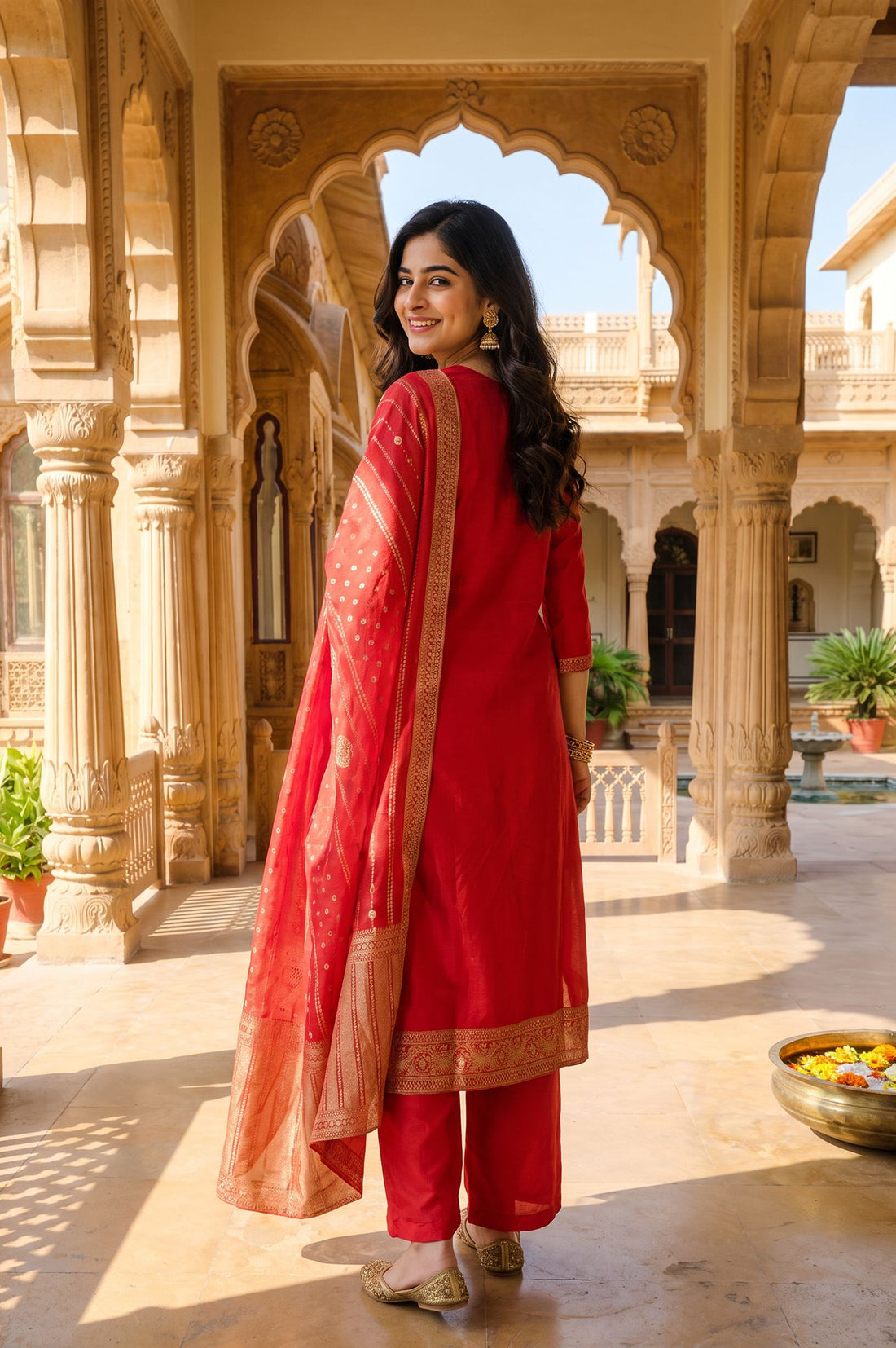 Red Yarn Dyed Jacquard Zari Embroidered Straight Kurta with Palazzo and Dupatta Set