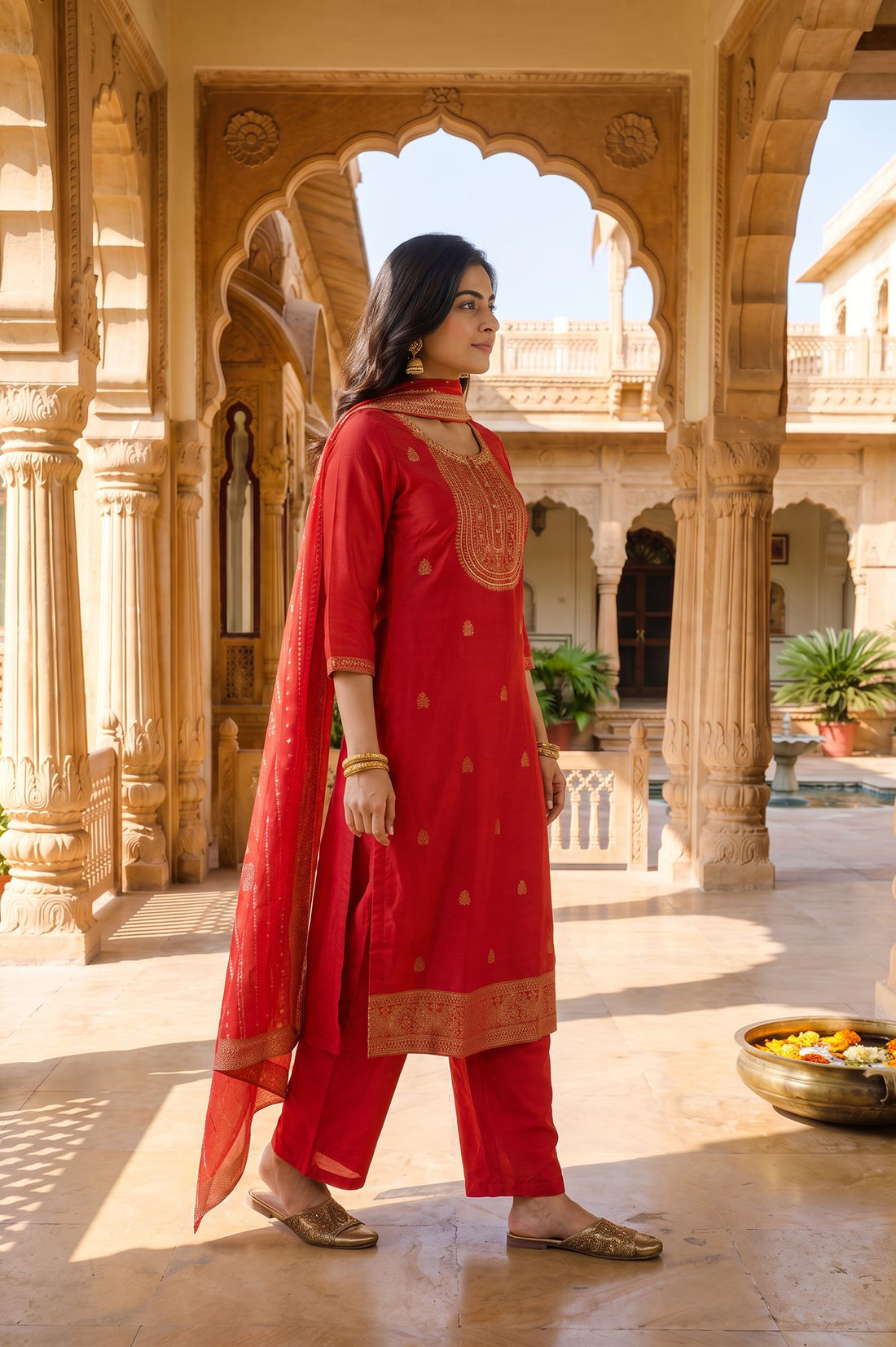 Red Yarn Dyed Jacquard Zari Embroidered Straight Kurta with Palazzo and Dupatta Set