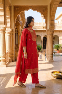 Red Yarn Dyed Jacquard Zari Embroidered Straight Kurta with Palazzo and Dupatta Set