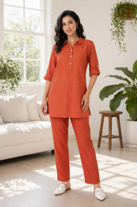 Rust Jacquard Straight Kurta with Trousers Co-ord Set