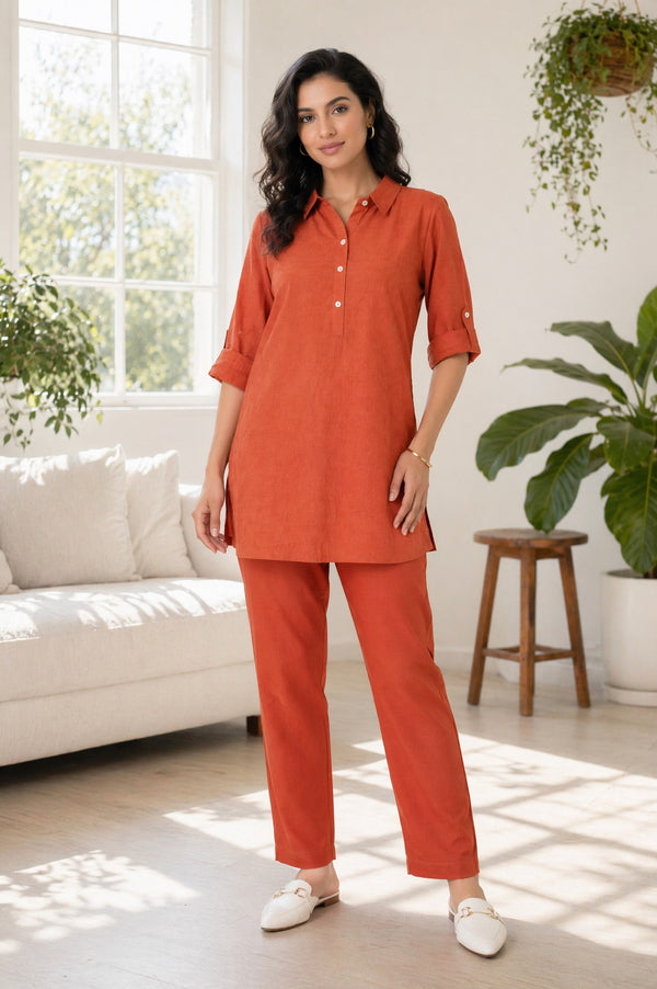 Rust Jacquard Straight Kurta with Trousers Co-ord Set