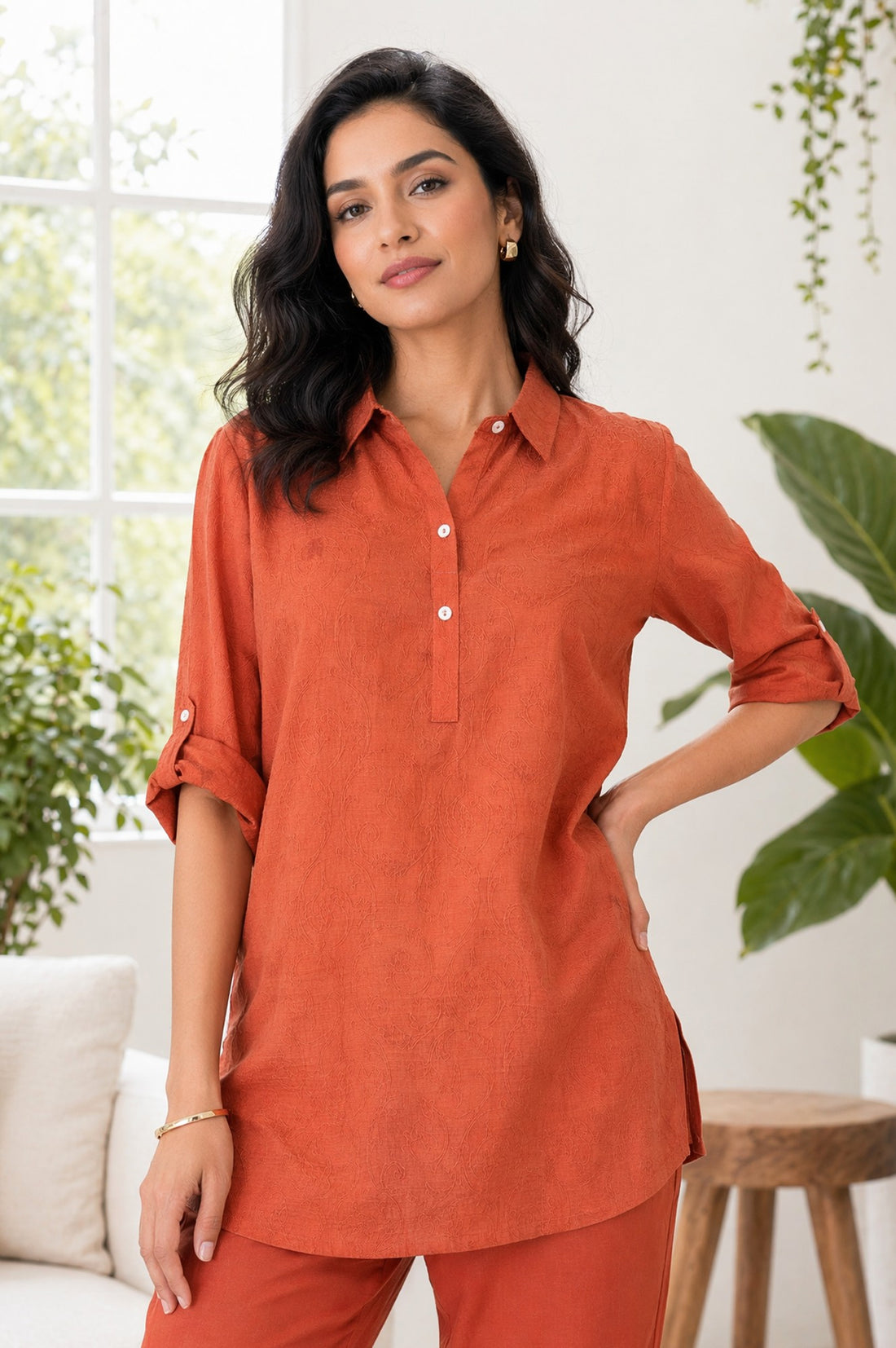 Rust Jacquard Straight Kurta with Trousers Co-ord Set