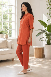 Rust Jacquard Straight Kurta with Trousers Co-ord Set