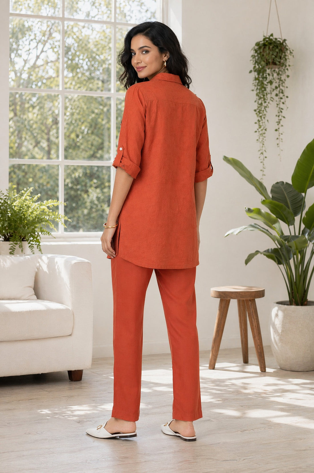 Rust Jacquard Straight Kurta with Trousers Co-ord Set