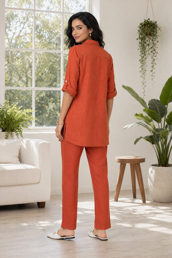 Rust Jacquard Straight Kurta with Trousers Co-ord Set