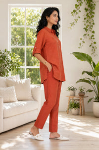 Rust Jacquard Straight Kurta with Trousers Co-ord Set