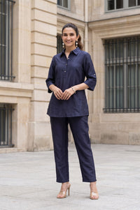 Navy Blue Yarn Dyed Textured Jacquard Straight Kurta with Trousers Co-ord Set