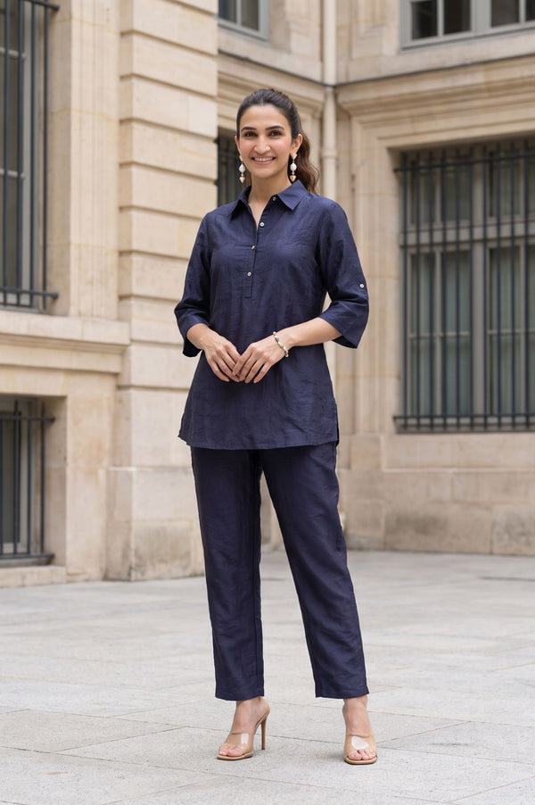 Navy Blue Yarn Dyed Textured Jacquard Straight Kurta with Trousers Co-ord Set