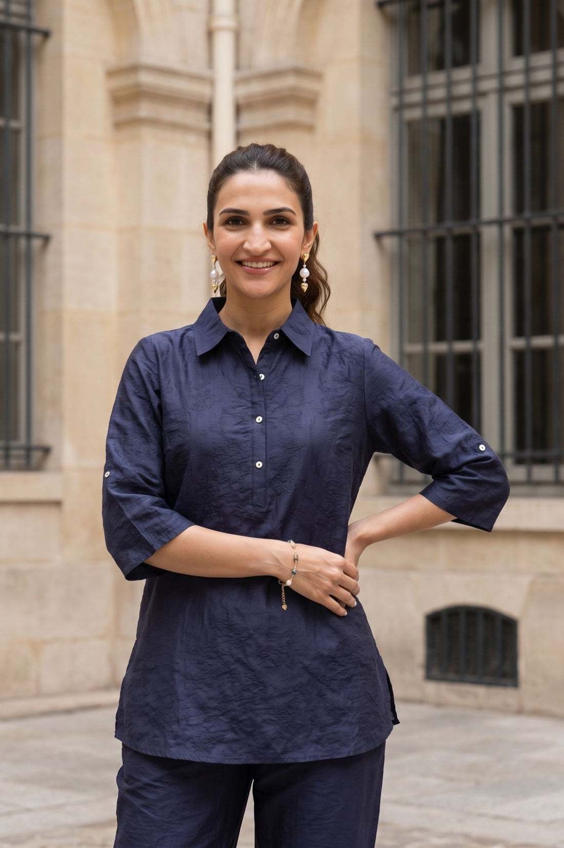 Navy Blue Yarn Dyed Textured Jacquard Straight Kurta with Trousers Co-ord Set